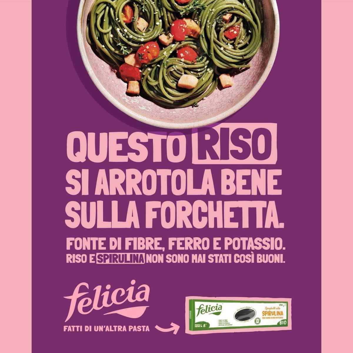 Locandina campagna Felicia per nuova pasta al riso e spirulina