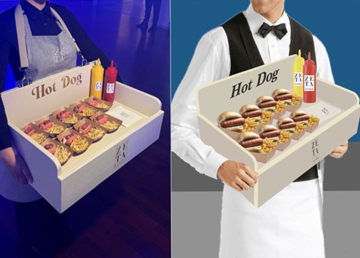 Progetto e realizzazione di banchettino portatile da appendere al collo per Buffet Servito con insegna hot dog