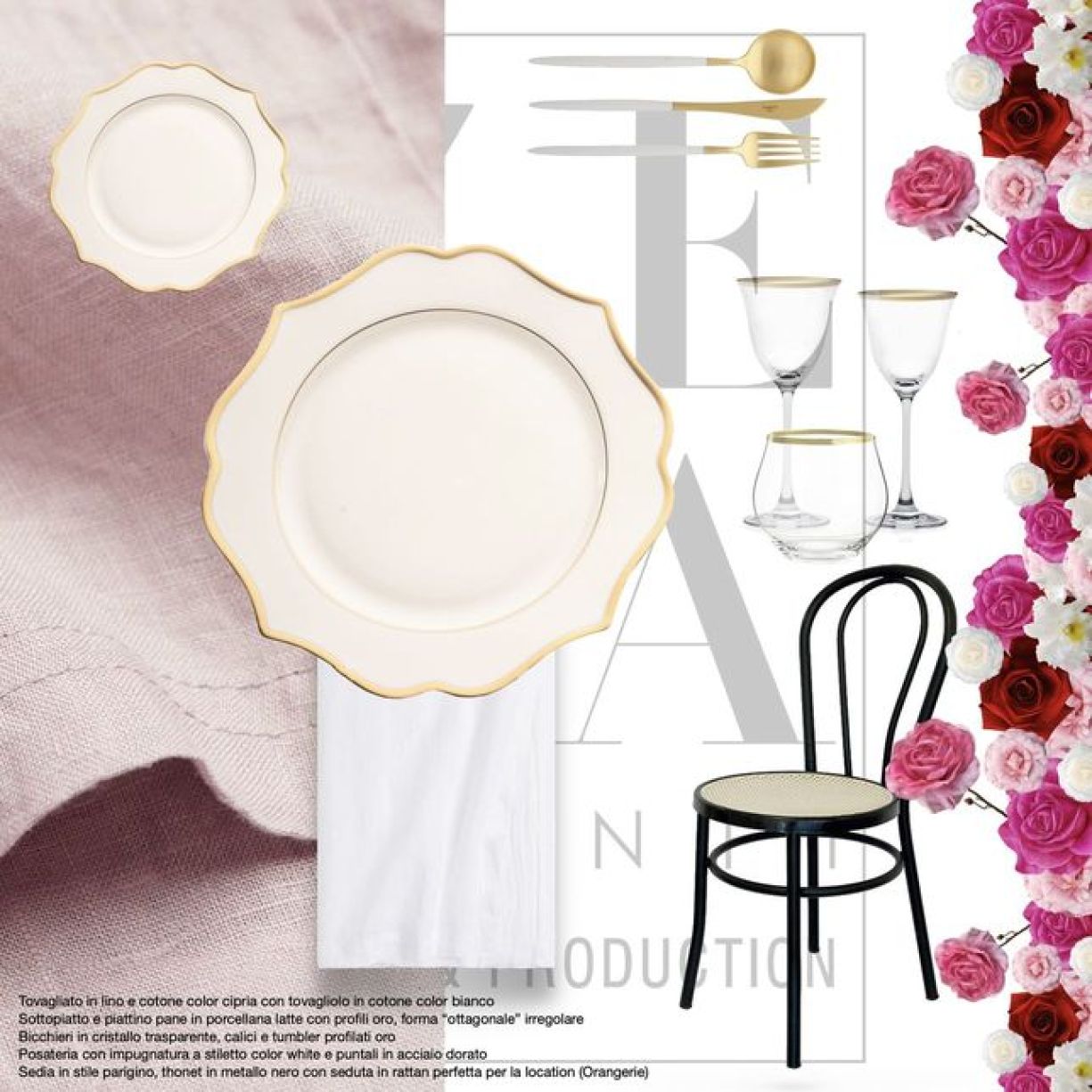 Progetto grafico di mise en place tovaglia e fiori per matrimonio by Zeta Eventi