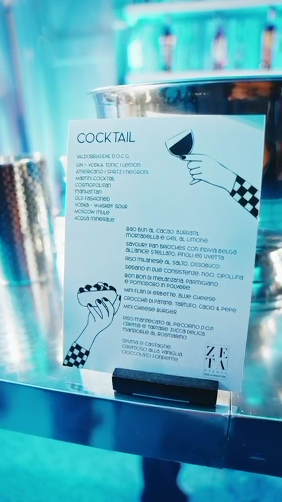 Carta del Cocktail party e dell'open bar per evento aziendale in Galleria Meravigli preparato da Zeta Eventi Milano