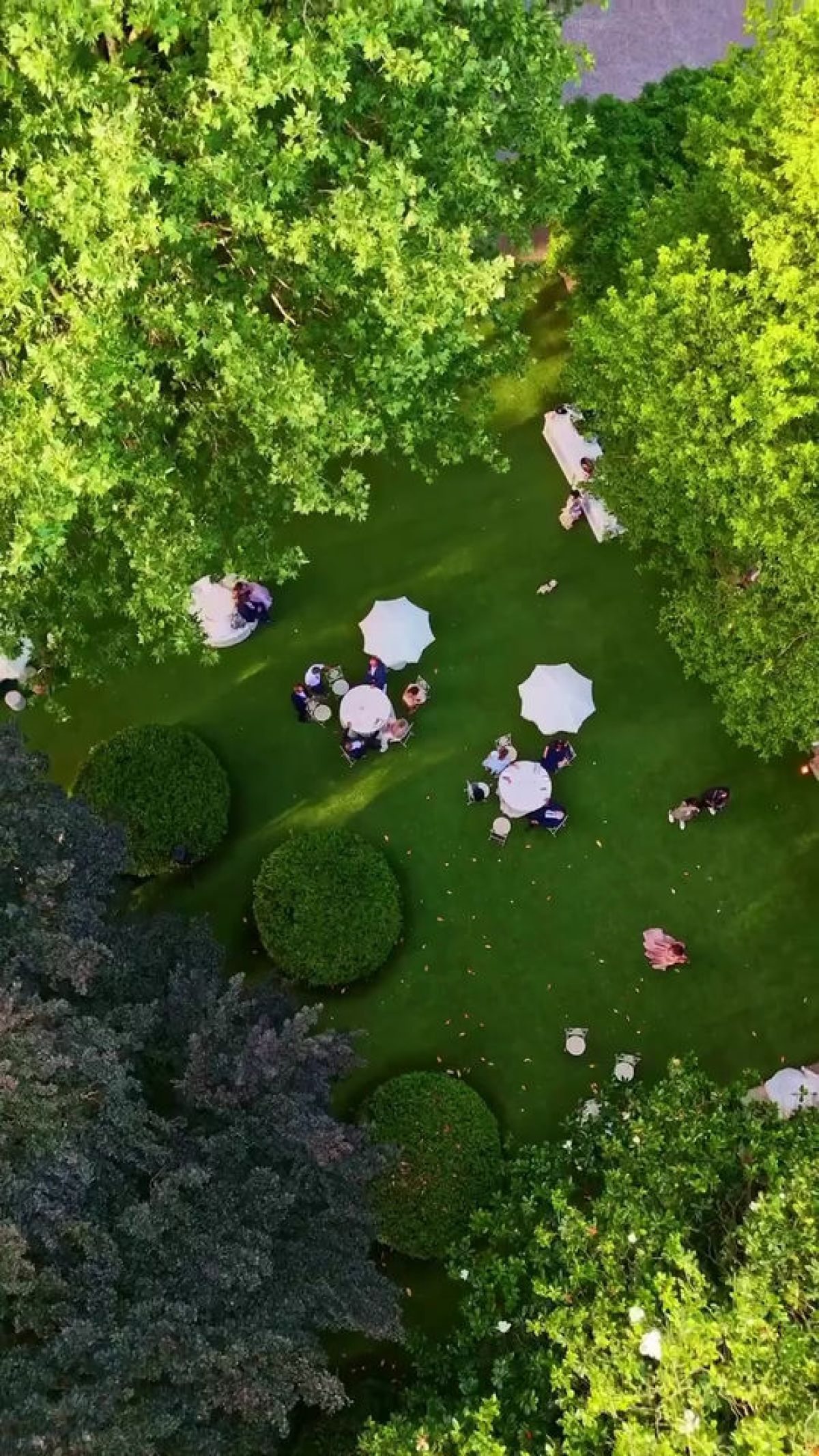 Vista dal drone del buffet aperitivo allestito in giardino per matrimonio Zeta Eventi Milano