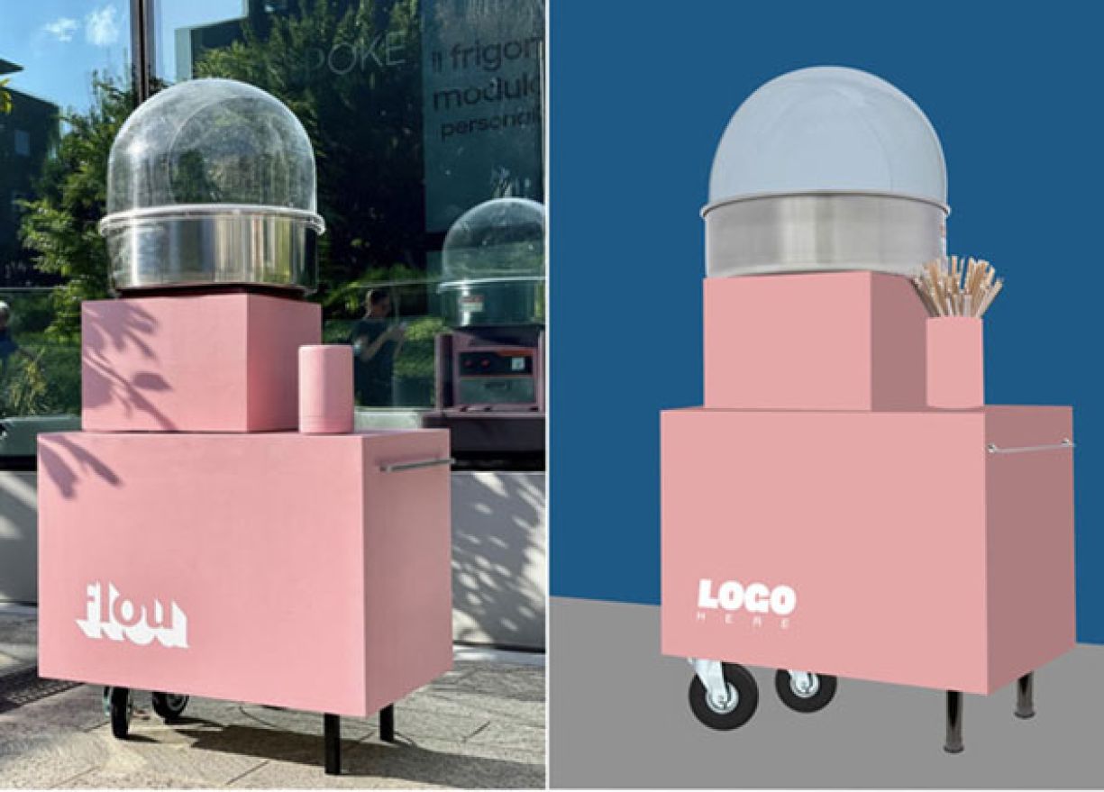 Progetto e realizzazione di carrettino rosa per zucchero filato con logo Flou di Zeta Eventi Milano